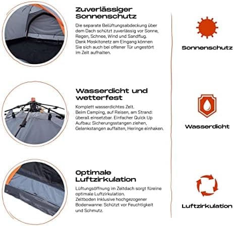 Lumaland Camping Zelt - Leichtes Pop Up Wurfzelt 210x190x110cm | Trekking & Festival Igluzelt | 2-4 Personen Wasserdicht