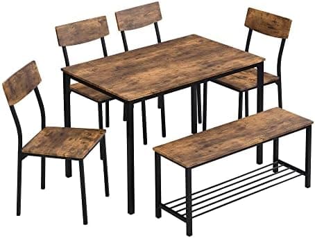 HAUSPROFI Vintagebrauner Esszimmertisch mit 6er Set Stühlen und Sitzbank, 70x110x75cm, Stahlrahmen, Küchentisch-Stil, Id
