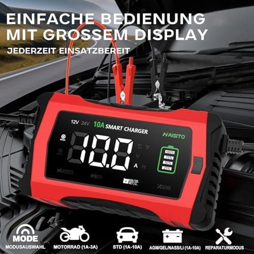 Haisito 12V/24V 10A LiFePO4 ErhaltungsladegerätAuto mit LCD-Temperaturkompensation