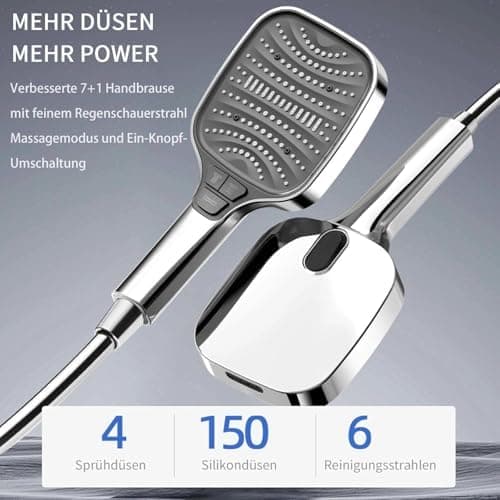 Duschbrause Duschkopf – Wassersparender Duschkopf mit 8 Strahlarten und Stoppfunktion, groß, Silber Chrom