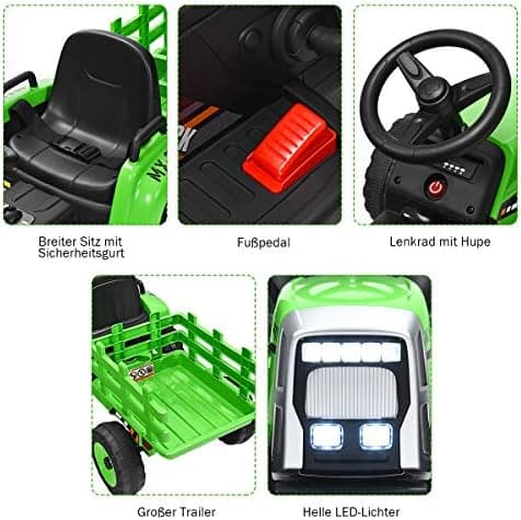 COSTWAY 12V 3-Gang Traktor mit LED Lichtern, Musik & Hupe für Kinder ab 3 Jahre - Grün