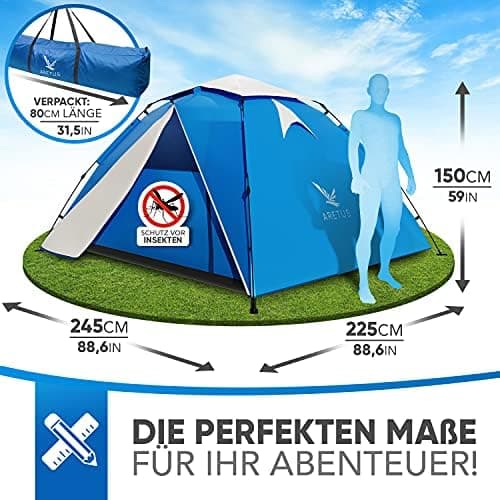 Aretus Wurfzelt 2-4 Personen - 45 Sekunden Aufbaustime - Wasserdicht & Extra Groß - 3 Personen Pop up Zelt