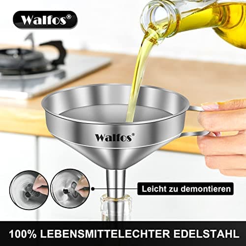 Walfos Trichter Set aus Edelstahl für Küche mit 2 abnehmbaren Siebfilter für Speiseöle, Marmelade und Reinigungsbürste |
