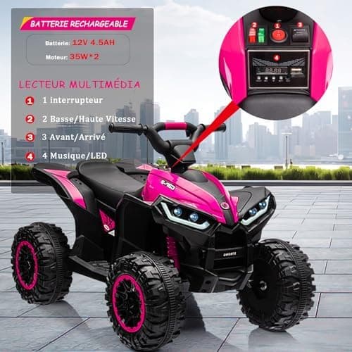 12V Kinderquad Elektroauto für 3+ Jahrealte Kinder mit LED und Musik, 2 Geschwindigkeiten und Hupe, Fernbedienung inklus