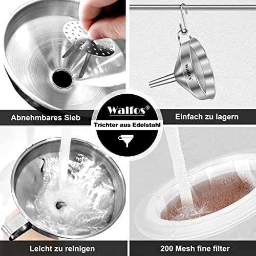 Walfos Trichter Set aus Edelstahl für Küche mit 2 abnehmbaren Siebfilter für Speiseöle, Marmelade und Reinigungsbürste |