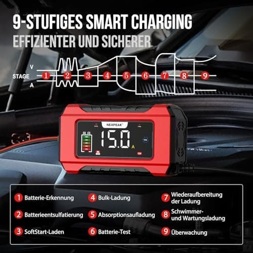 NEXPEAK NC215 15A Autobatterie Ladegerät - 12V 24V intelligentes Ladegerät für Auto, LKW, Motorrad - 9-stufiges Intellig