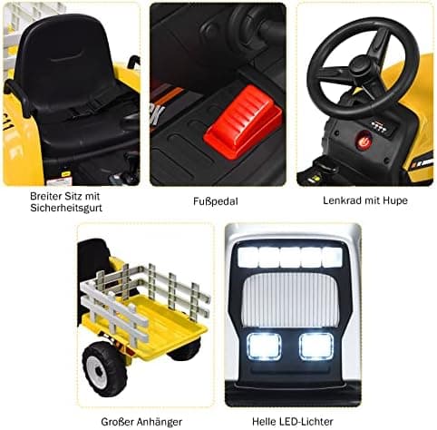 COSTWAY 12V 3-Gang Traktor mit LED Lichtern, Musik & Hupe für Kinder ab 3 Jahre - Grün