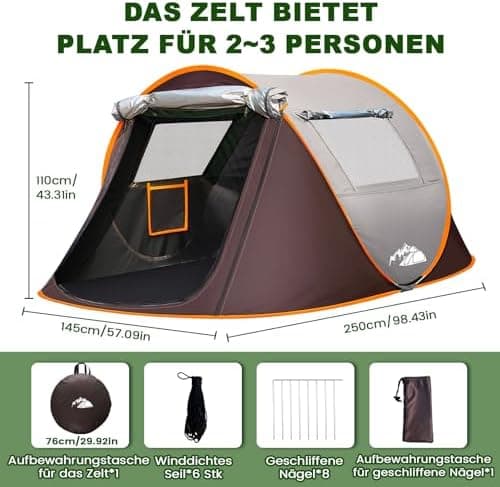 FORMIZON Pop Up Zelt 2 Personen Wasserdicht für Camping und Trekking mit Einfacher Einstellung und Sofort-Bereitschaft (