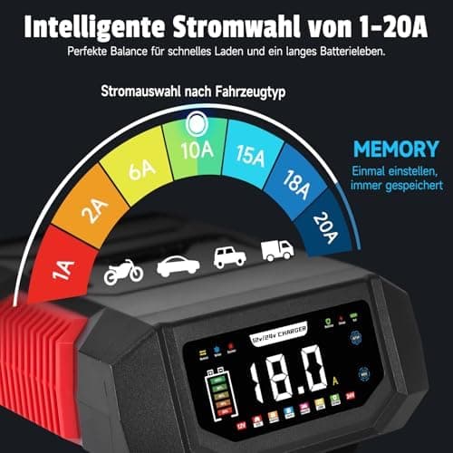 Autobatterie Ladegerät 12V/24V KFZ HAUSPROFI 20Aelligentes Batterieladegerät für Auto, Motorrad & LKW CongoSafe 9-Stufig