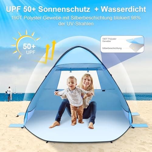 Strandmuschel Automatisches 2-3 Personen Strandzelt für Familien UV-Schutz 50+ Sonnenschutz (Blau)