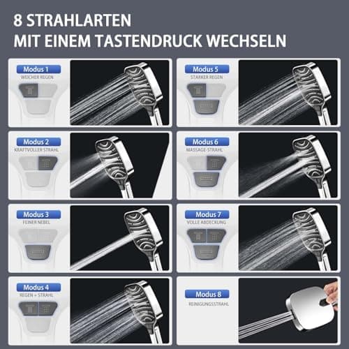Duschbrause Duschkopf – Wassersparender Duschkopf mit 8 Strahlarten und Stoppfunktion, groß, Silber Chrom