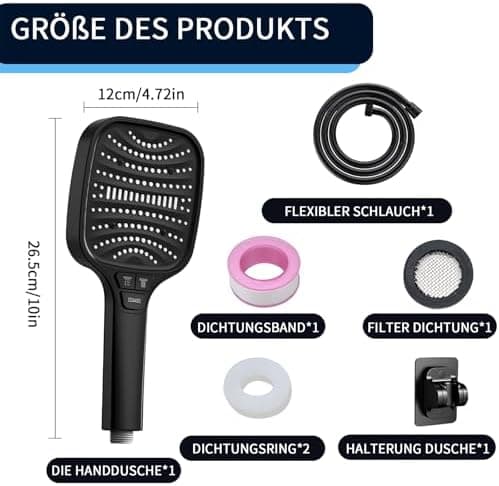 Duschbrause Duschkopf – Wassersparender Duschkopf mit 8 Strahlarten und Stoppfunktion, groß, Silber Chrom