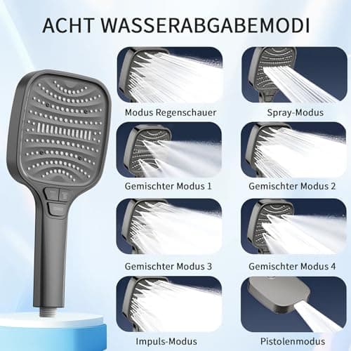 Duschbrause Duschkopf – Wassersparender Duschkopf mit 8 Strahlarten und Stoppfunktion, groß, Silber Chrom