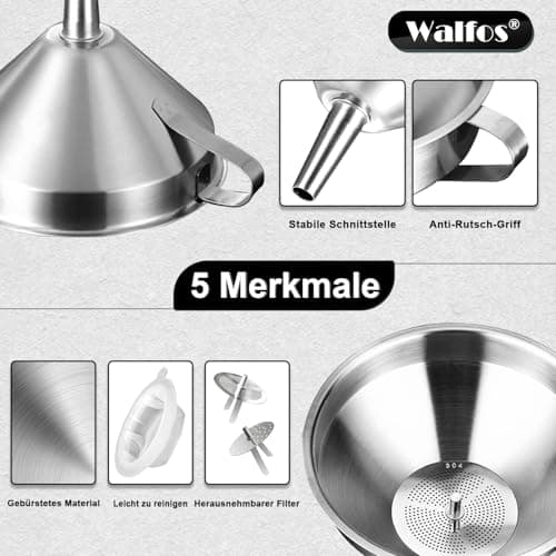 Walfos Trichter Edelstahl Groß 20cm - Perfekt für Flüssigkeiten, Marmelade und Trockene Zutaten mit 2 Abnehmbaren Sieben