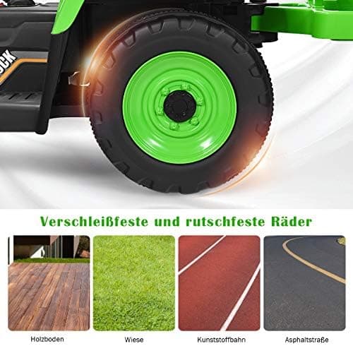 COSTWAY 12V 3-Gang Traktor mit LED Lichtern, Musik & Hupe für Kinder ab 3 Jahre - Grün