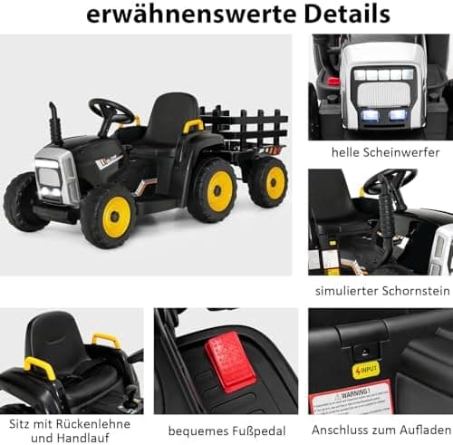 COSTWAY 12V 3-Gang Traktor mit LED Lichtern, Musik & Hupe für Kinder ab 3 Jahre - Grün