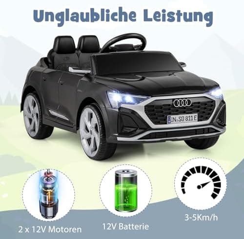 COSTWAY Kinder Elektroauto Audi SQ8 Schwarz für 3+ Jahrige Kinder in 12V 3-Gang Konfiguration mit Fernbedienung, Hupe un