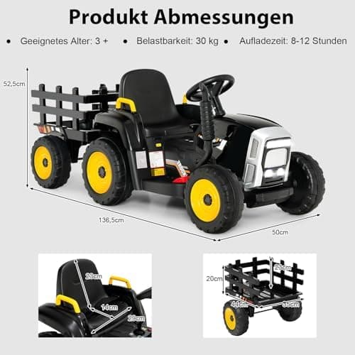 COSTWAY 12V 3-Gang Traktor mit LED Lichtern, Musik & Hupe für Kinder ab 3 Jahre - Grün