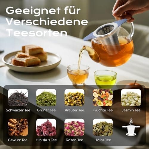 Teesieb für Teekannen mit Deckel und Breiter Griff, hitzebeständiges Silikon, 304 Edelstahl, ideal für lange Teekräuter
