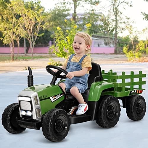 COSTWAY 12V 3-Gang Traktor mit LED Lichtern, Musik & Hupe für Kinder ab 3 Jahre - Grün