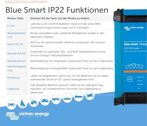 Victron Energy Blue Smart Batterieladegerät 12-Volt 15 Ampere - Batterieerhaltungsgerät und Desulfator - IP22 Geschützt