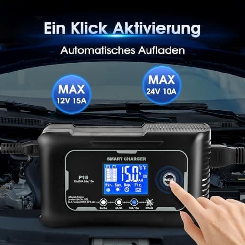 Autobatterie Ladegerät 12V/15A 24V/10A KFZ Ladegerät Lithium Batteriewartung Geeignet für Autos, Motorräder, Rasenmäher