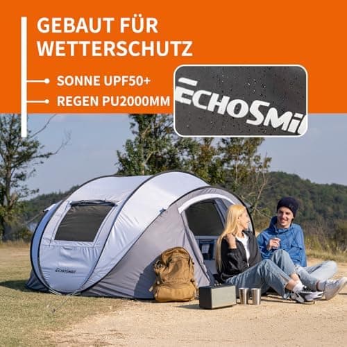 EchoSmile Pop-up-Zelt 4-8 Personen, wasserdicht mit 2 Belüftungsfenstern &.Fail-Safe-Unterstützung, Familienzelt & Outdo