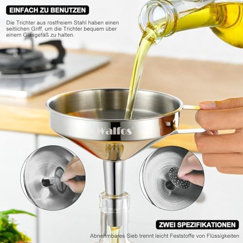 Walfos Trichter Edelstahl Groß 20cm - Perfekt für Flüssigkeiten, Marmelade und Trockene Zutaten mit 2 Abnehmbaren Sieben