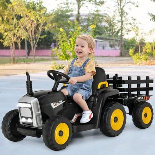 COSTWAY 12V 3-Gang Traktor mit LED Lichtern, Musik & Hupe für Kinder ab 3 Jahre - Grün