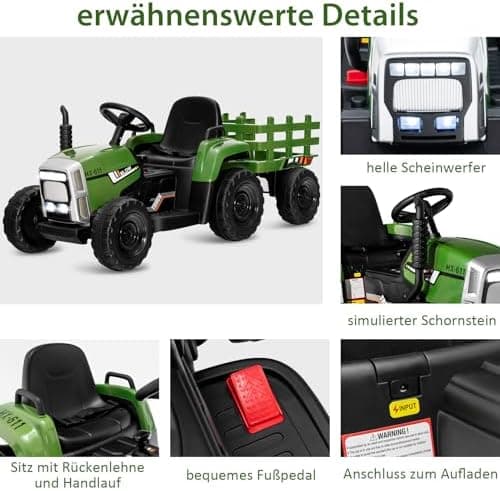 COSTWAY 12V 3-Gang Traktor mit LED Lichtern, Musik & Hupe für Kinder ab 3 Jahre - Grün