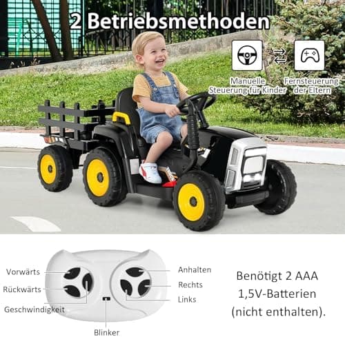 COSTWAY 12V 3-Gang Traktor mit LED Lichtern, Musik & Hupe für Kinder ab 3 Jahre - Grün