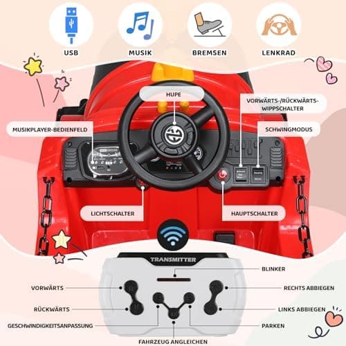 MAMIZO Elektro Zug mit Zugwaggon - Kinder Elektroauto 12V - für Kinder 3-8 Jahre - Schaukelmodus, Musik & Hupe - Rot