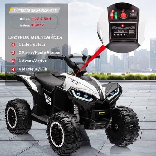 12V Kinderquad Elektroauto für 3+ Jahrealte Kinder mit LED und Musik, 2 Geschwindigkeiten und Hupe, Fernbedienung inklus