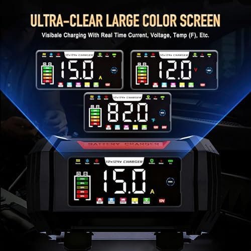 15A/8A Autobatterieladegerät, 12V/24V Smart vollautomatisch,LCD-Bildschirm für Auto Motorrad Rasenmäher Boot Marine Batt