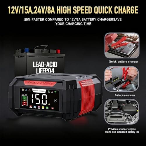 15A/8A Autobatterieladegerät, 12V/24V Smart vollautomatisch,LCD-Bildschirm für Auto Motorrad Rasenmäher Boot Marine Batt