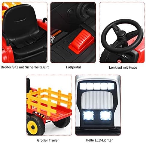 COSTWAY 12V 3-Gang Traktor mit LED Lichtern, Musik & Hupe für Kinder ab 3 Jahre - Grün
