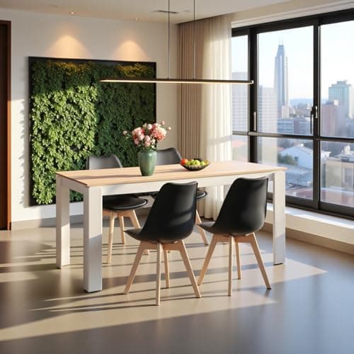 Esszimmergruppe Esstisch 120CM Rechteckig Holz + 4er Stühle grau Eiche-Weiß Tischbein für Wohnzimmer Küche Büro
