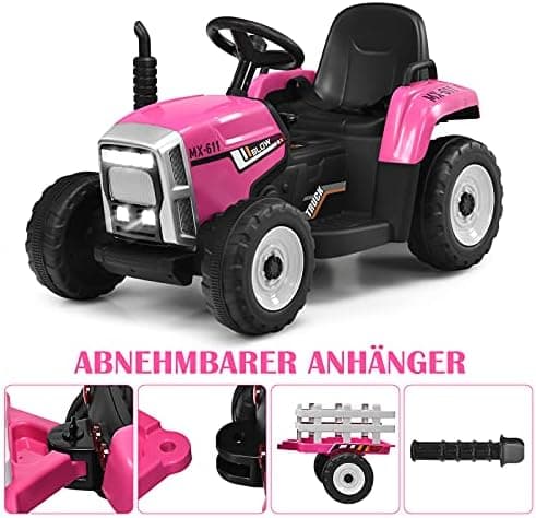 COSTWAY 12V 3-Gang Traktor mit LED Lichtern, Musik & Hupe für Kinder ab 3 Jahre - Grün