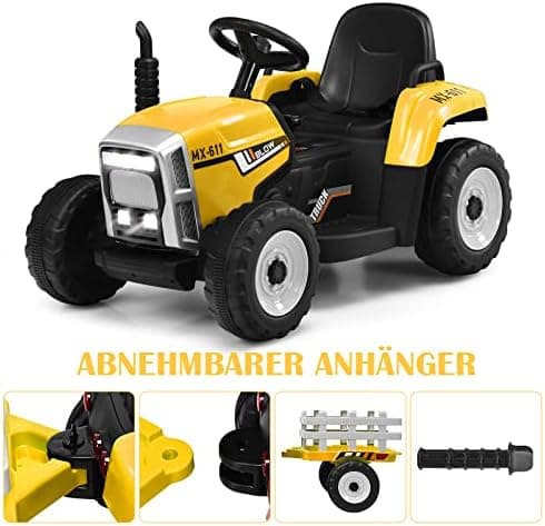 COSTWAY 12V 3-Gang Traktor mit LED Lichtern, Musik & Hupe für Kinder ab 3 Jahre - Grün