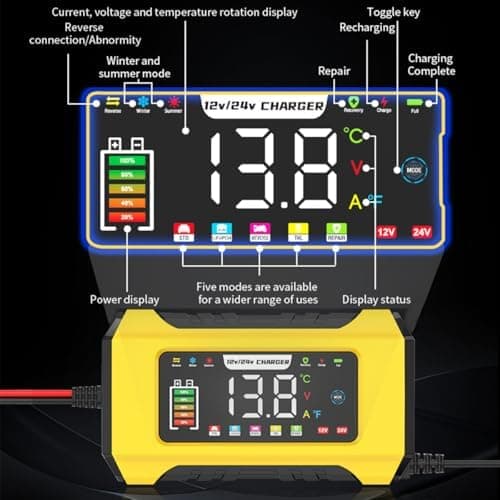 15A Autobatterieladegerät 12V/24V Automatischer Smart Charger Monitor mit LCD-Bildschirm für Auto-Batterien und LiFePO4-