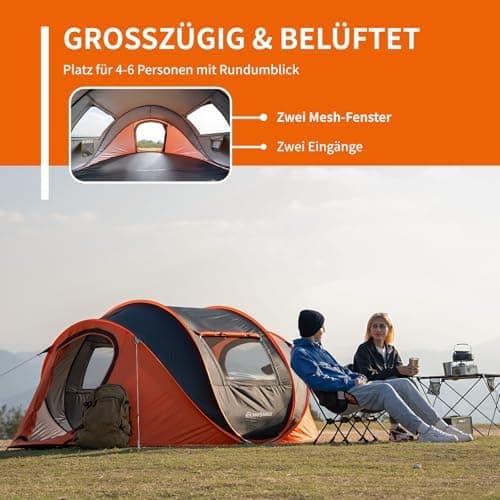 EchoSmile Pop-up-Zelt 4-8 Personen, wasserdicht mit 2 Belüftungsfenstern &.Fail-Safe-Unterstützung, Familienzelt & Outdo