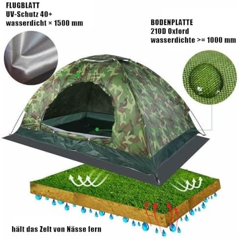 Wasserdichtes Kuppelzelt Camping für 2-3 Personen FloodZelte Camouflage Tragetasche Trekking Reise 200x150x110cm