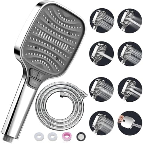 Duschbrause Duschkopf – Wassersparender Duschkopf mit 8 Strahlarten und Stoppfunktion, groß, Silber Chrom