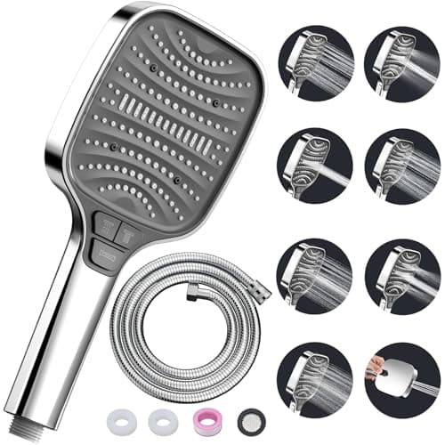 Duschbrause Duschkopf – Wassersparender Duschkopf mit 8 Strahlarten und Stoppfunktion, groß, Silber Chrom