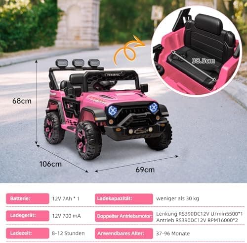 Kinder Elektroauto Schwarz mit Verbesserter Akku 12V 7AH und Sicherheitsgurten