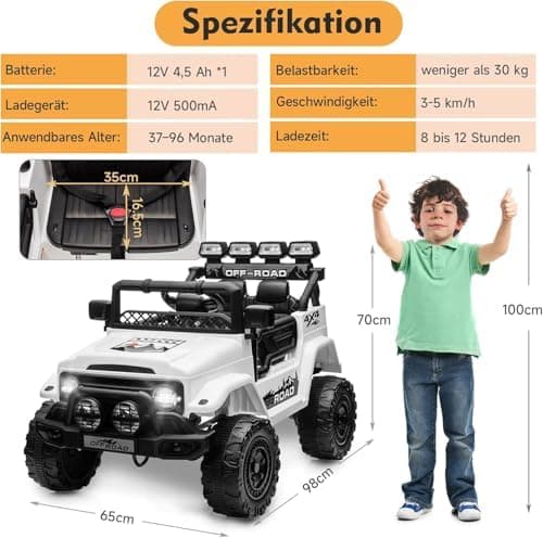 HAUSPROFI Kinder Elektroauto 12V - Elektro Kinderauto mit 2,4G Fernbedienung, LED, Bluetooth und Musik für 3-5 km/h - id
