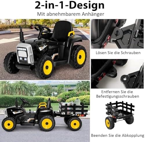 COSTWAY 12V 3-Gang Traktor mit LED Lichtern, Musik & Hupe für Kinder ab 3 Jahre - Grün