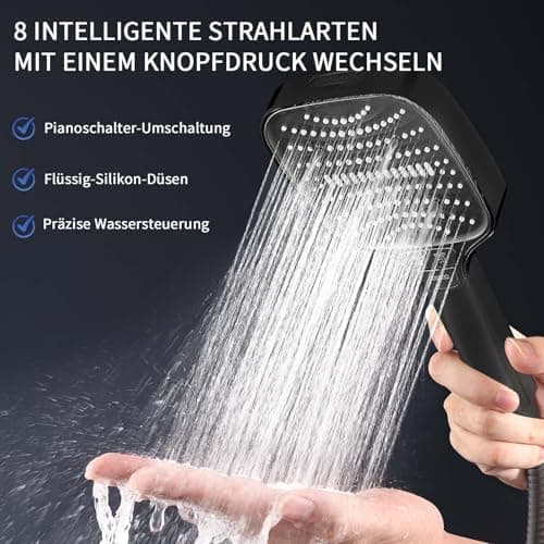 Duschbrause Duschkopf – Wassersparender Duschkopf mit 8 Strahlarten und Stoppfunktion, groß, Silber Chrom