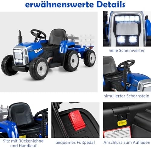 COSTWAY 12V 3-Gang Traktor mit LED Lichtern, Musik & Hupe für Kinder ab 3 Jahre - Grün