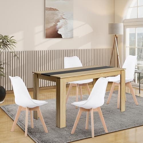 Esszimmergruppe Esstisch 120CM Rechteckig Holz + 4er Stühle grau Eiche-Weiß Tischbein für Wohnzimmer Küche Büro